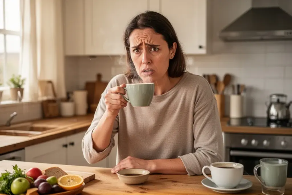 person drinking coffee on empty stomach morning concerned expression kitchen scene