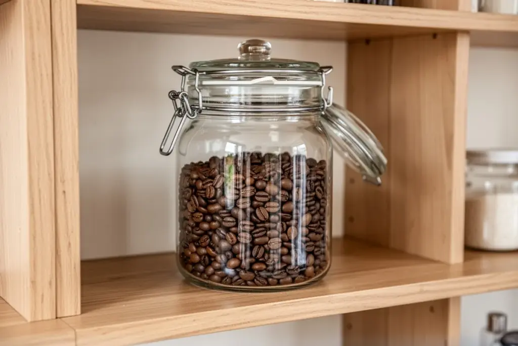 glass coffee storage jar with airtight lid coffee beans inside kitchen shelf