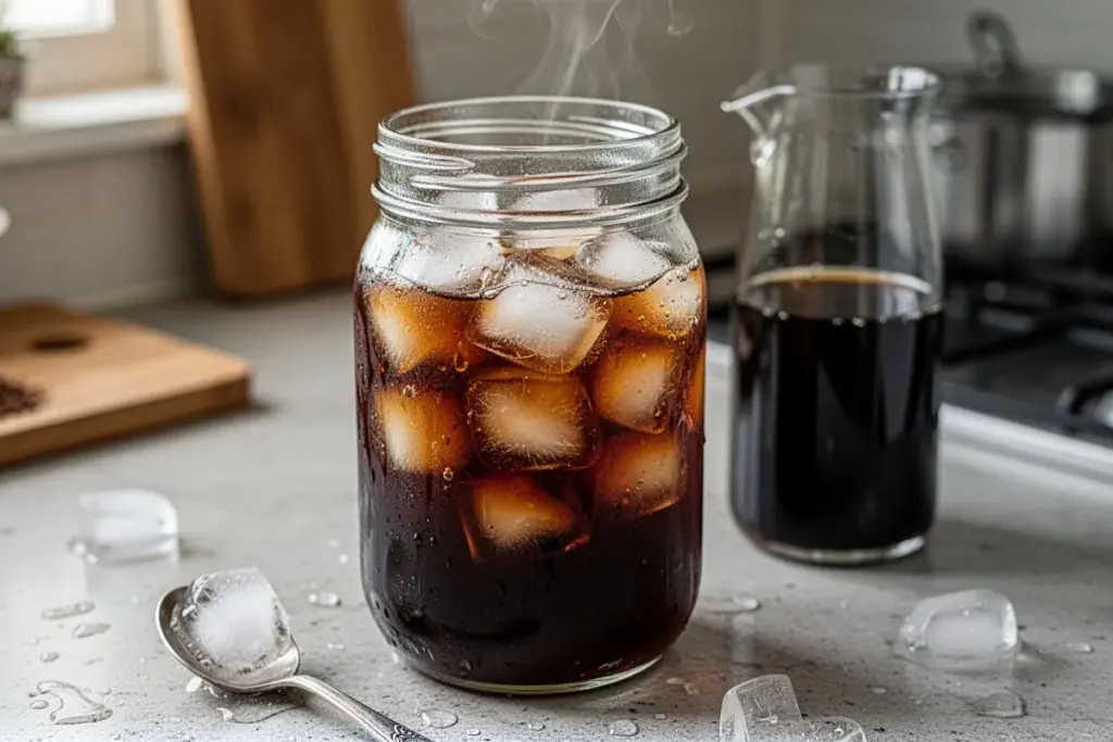 cold brew coffee in glass jar with ice dark coffee concentrate kitchen counter setup