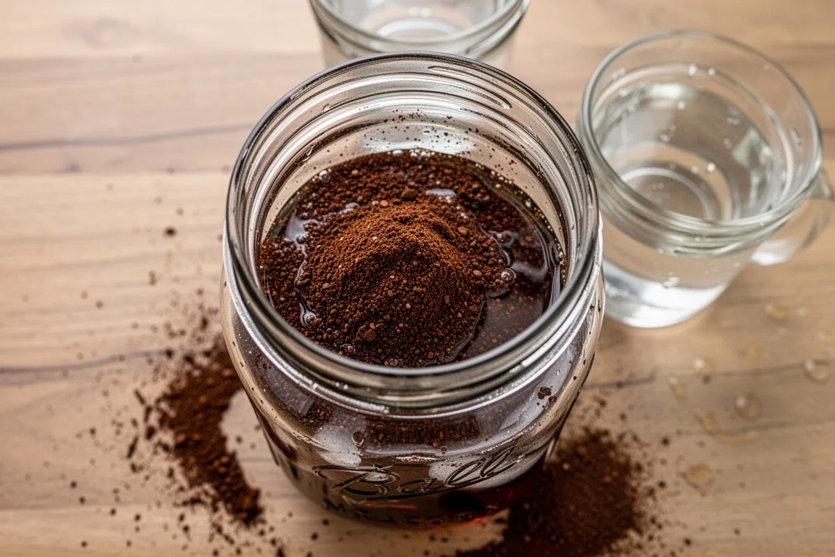 coarse ground coffee in mason jar with water cold brew preparation step top view