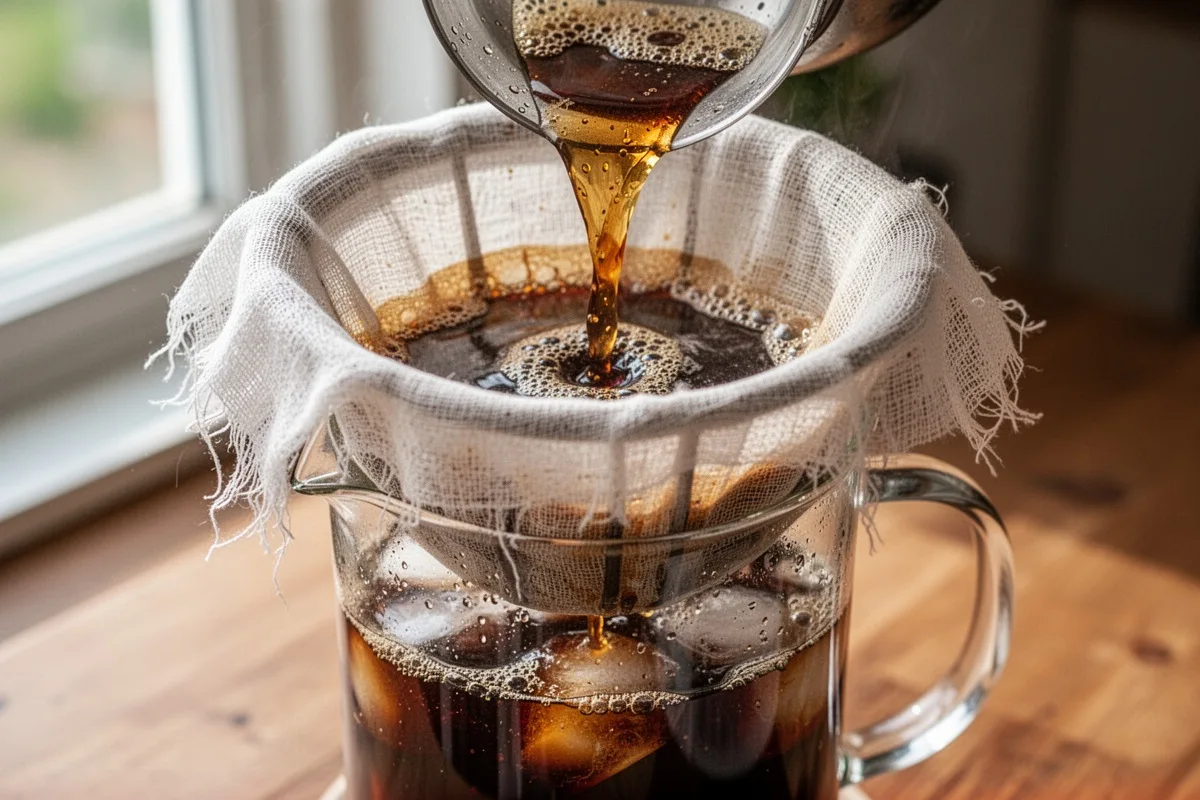 cold brew coffee being filtered through cheesecloth dark liquid pouring natural light