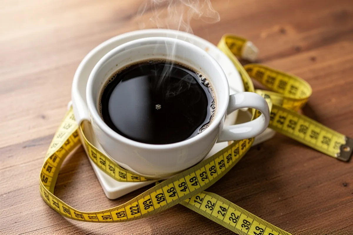 black coffee and measuring tape diet and coffee concept weight loss motivation