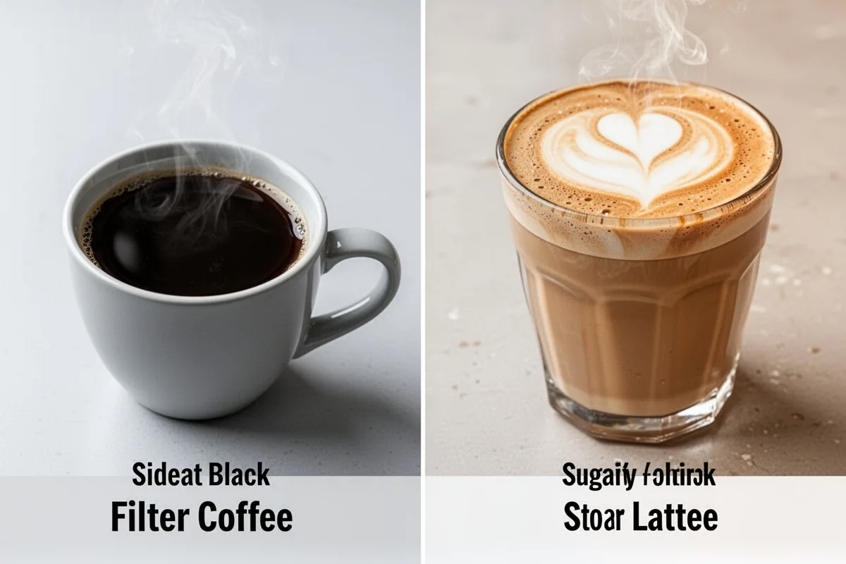 plain black filter coffee vs sugary latte comparison calorie difference