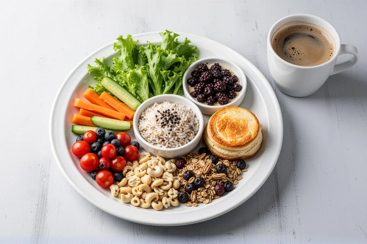 healthy diet plate with coffee balanced meal and coffee nutrition concept