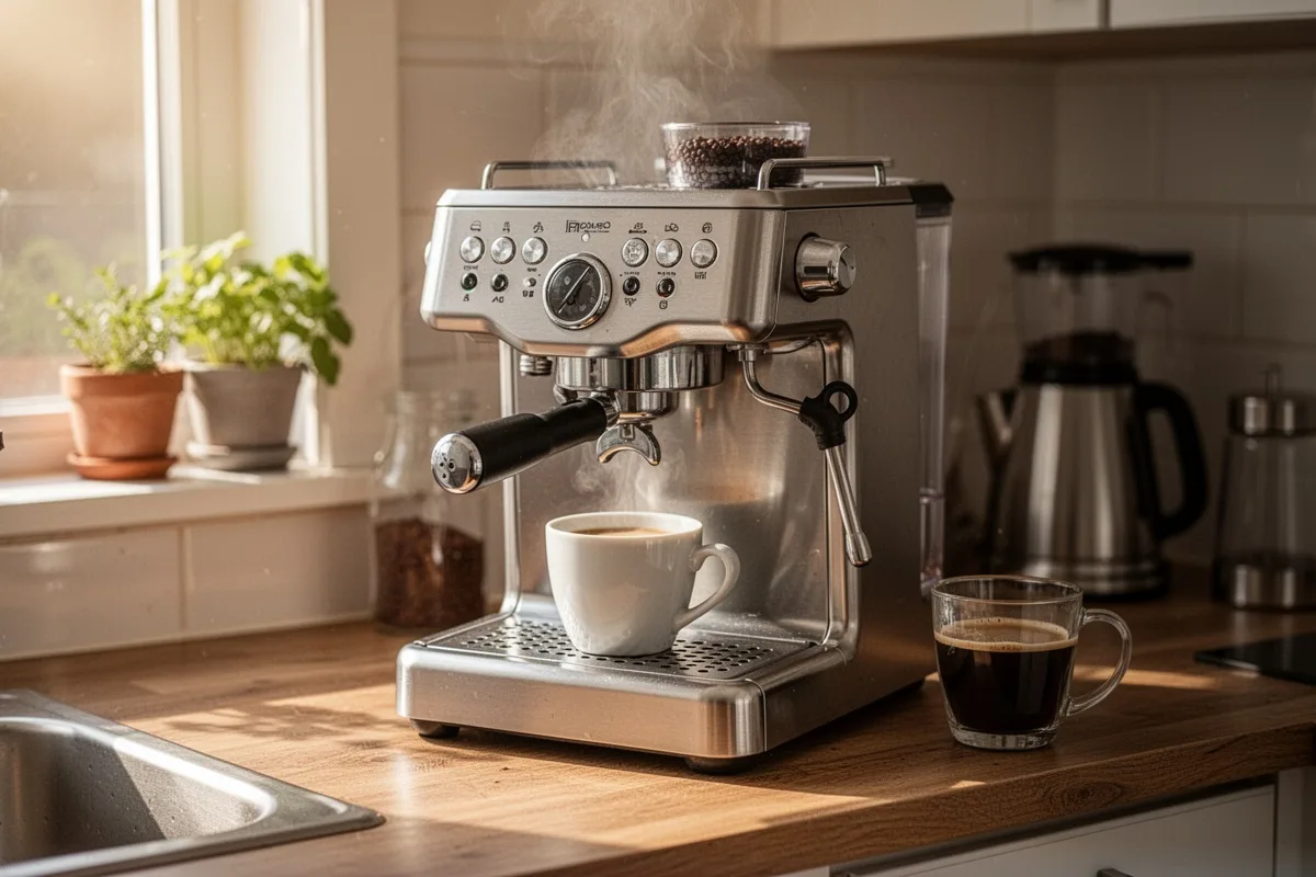 home espresso machine setup semi-automatic machine on kitchen counter morning