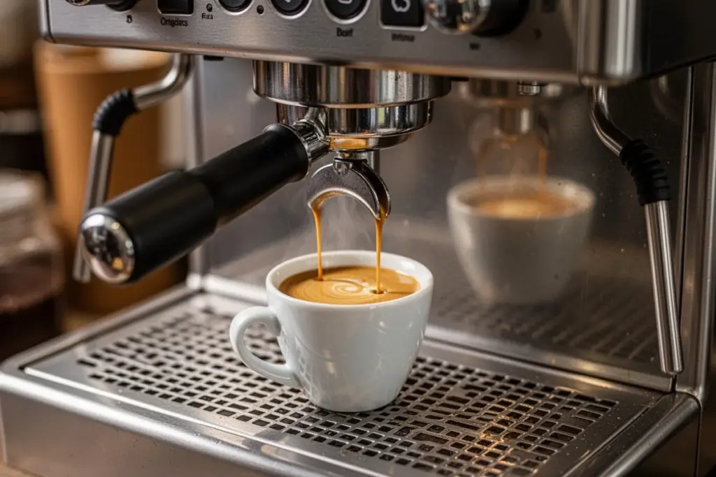 espresso machine pulling shot golden crema flowing into small cup professional setup