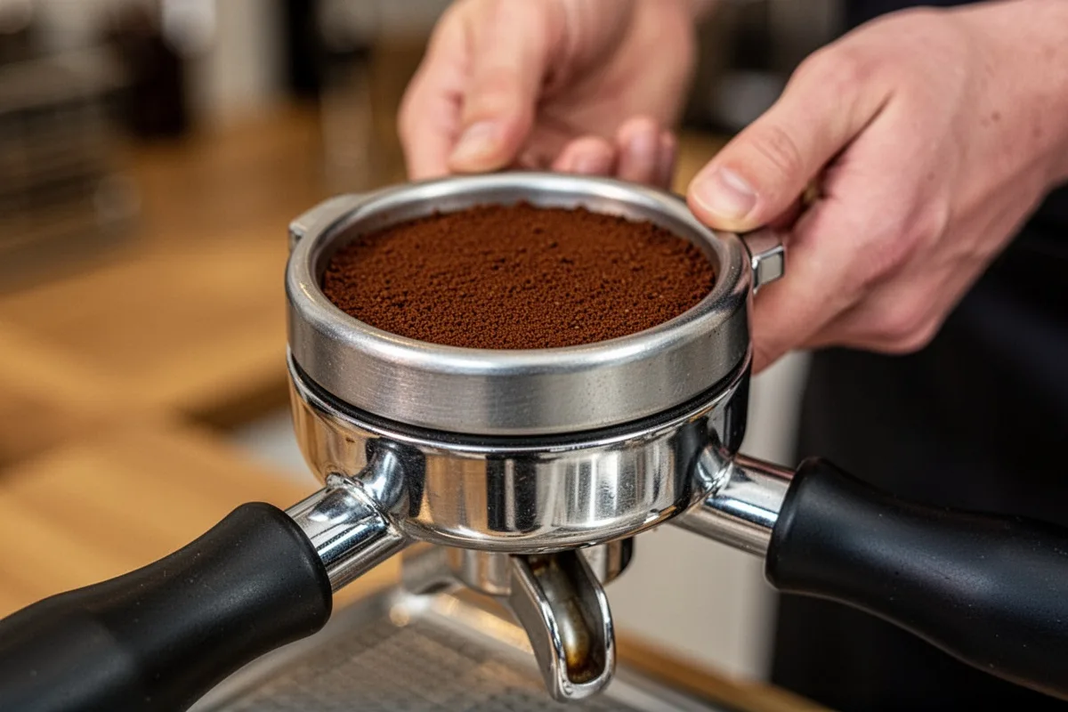coffee tamping technique close up portafilter with leveled coffee grounds home barista