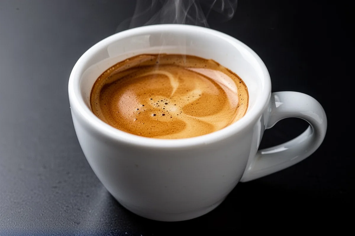 perfect espresso shot with golden crema white ceramic cup dark background