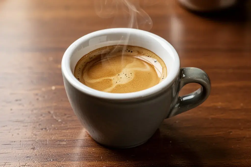 espresso shot in small ceramic cup golden crema on top Italian cafe style