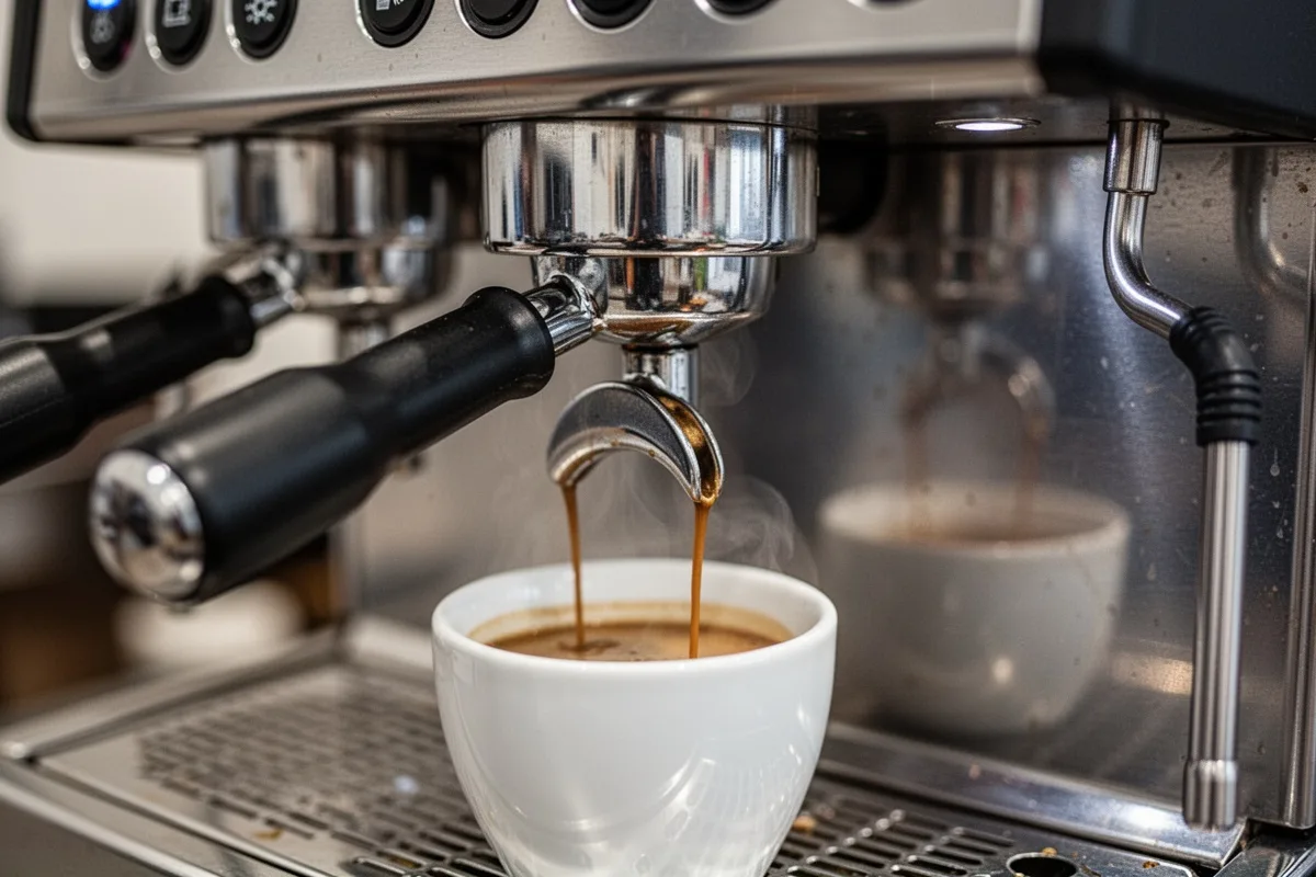 espresso machine group head close up coffee extraction professional equipment