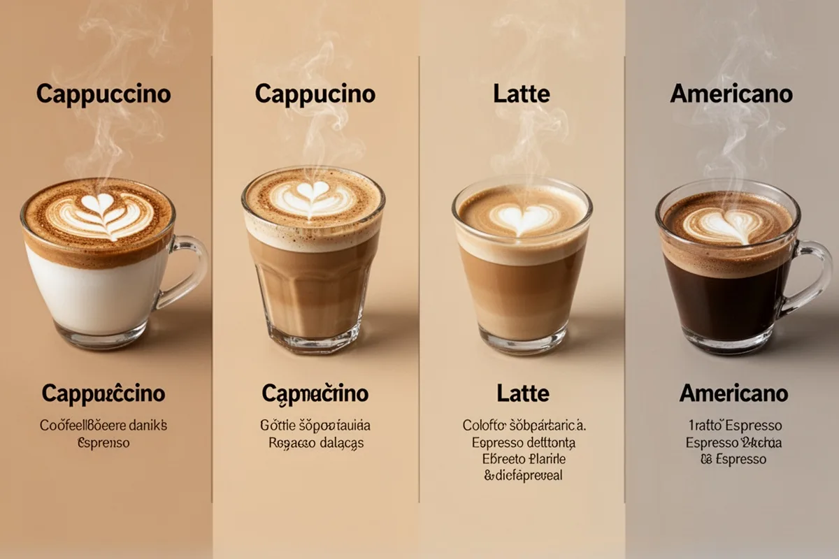 various espresso based drinks cappuccino latte americano comparison layout