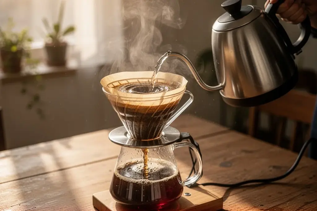 pour over coffee V60 brewing kettle pouring water in circular motion morning light