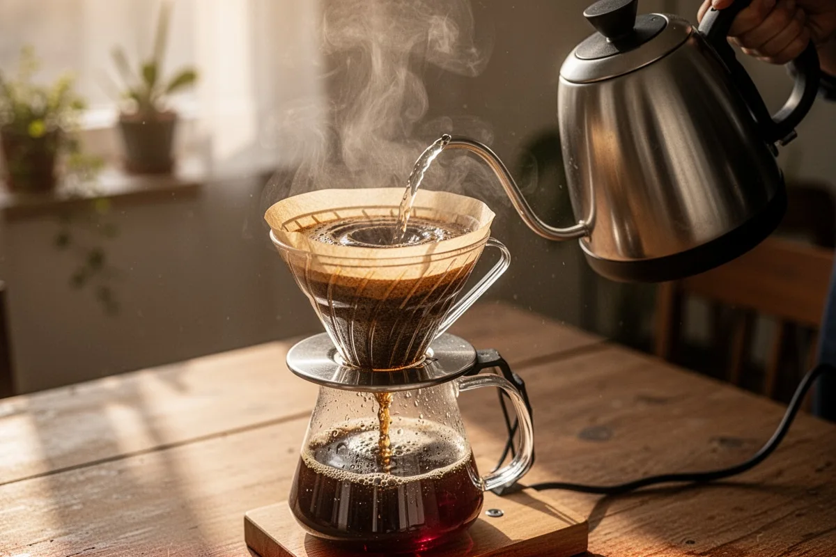 pour over coffee V60 brewing kettle pouring water in circular motion morning light