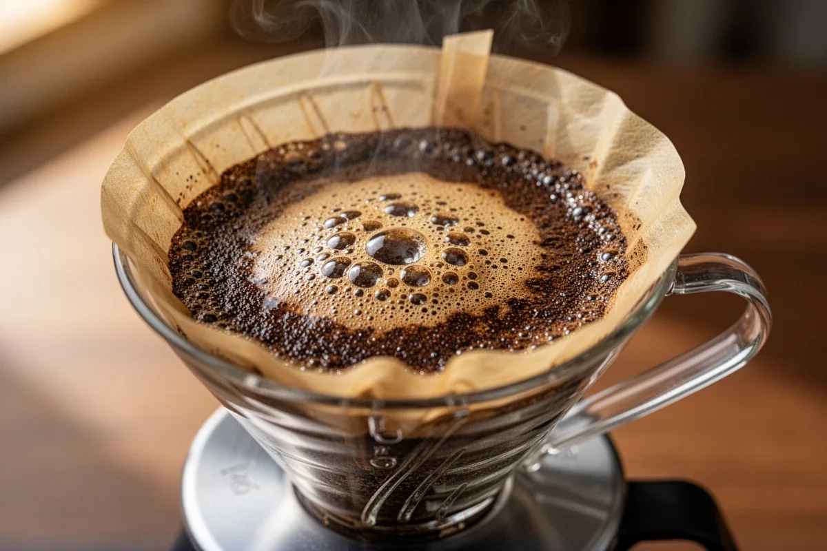 coffee bloom phase in V60 dripper bubbling coffee grounds fresh coffee