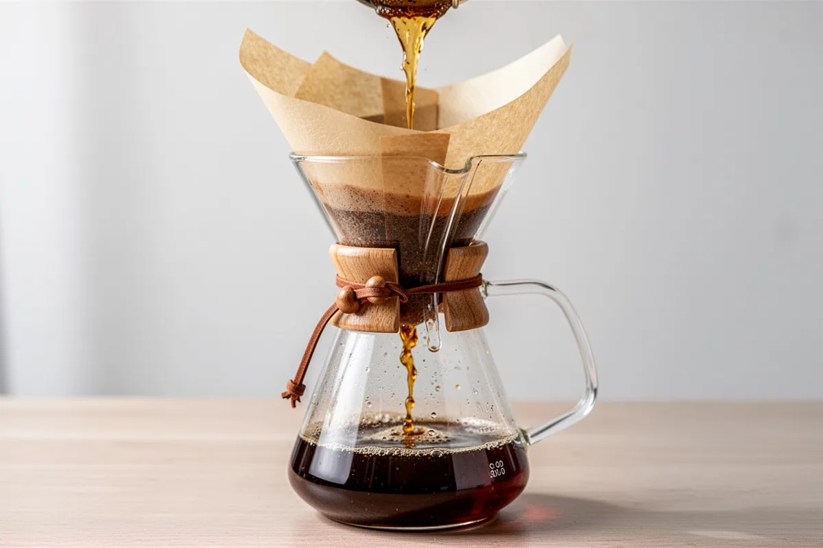 Chemex coffee maker with filter paper golden coffee dripping through clean aesthetic