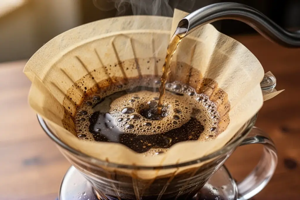 filter paper catching coffee oils close up of pour over filter health concept