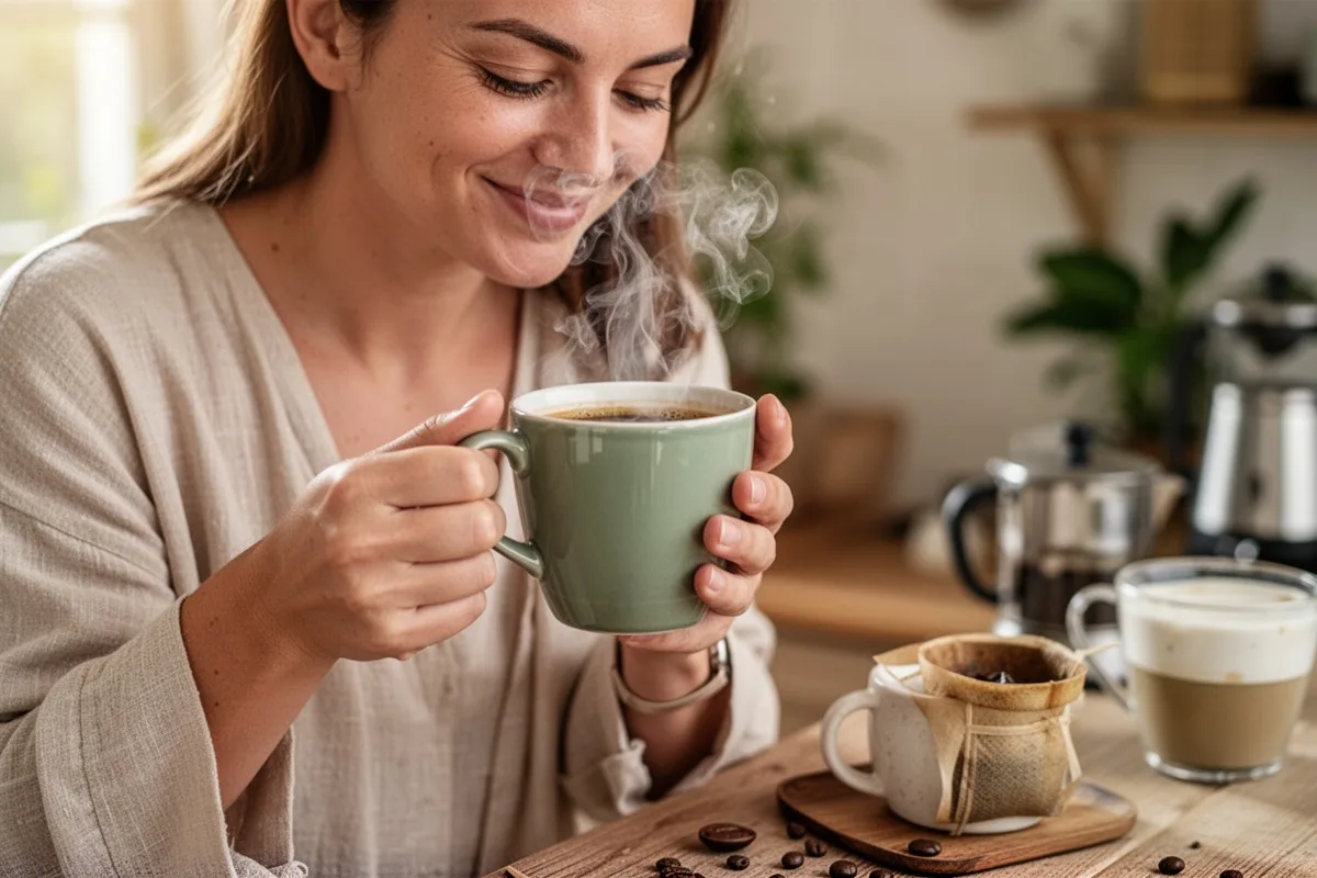 person enjoying healthy filter coffee morning routine wellness lifestyle