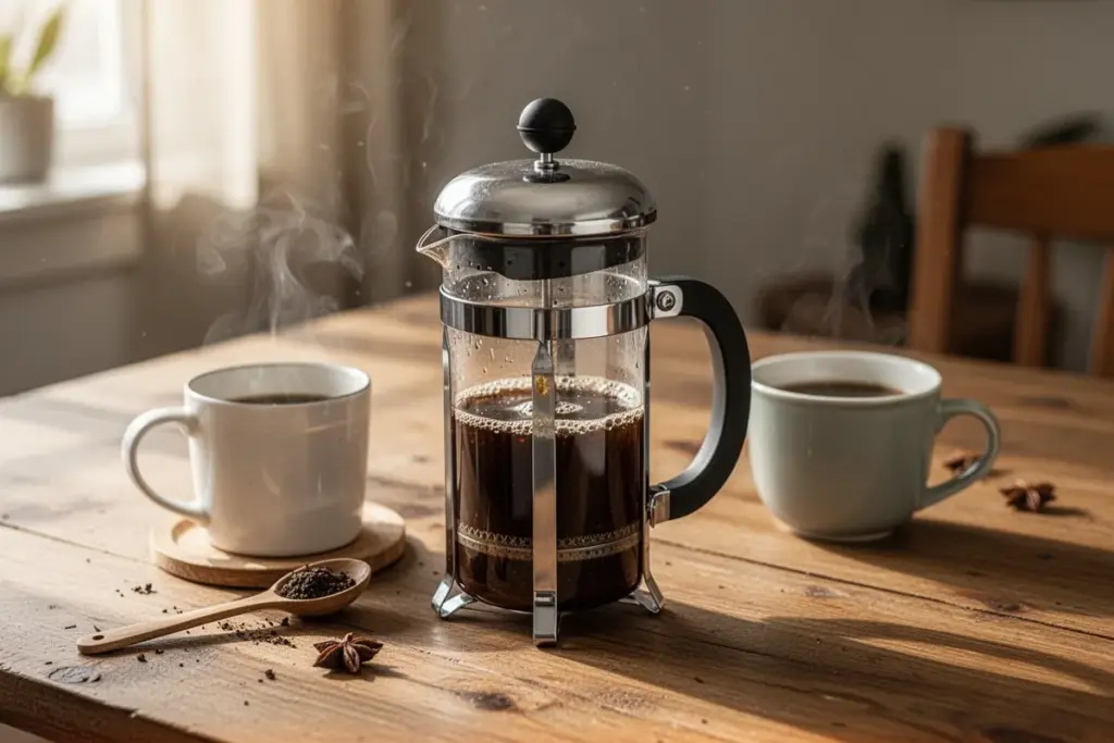 French press coffee maker on wooden table morning coffee setup natural light