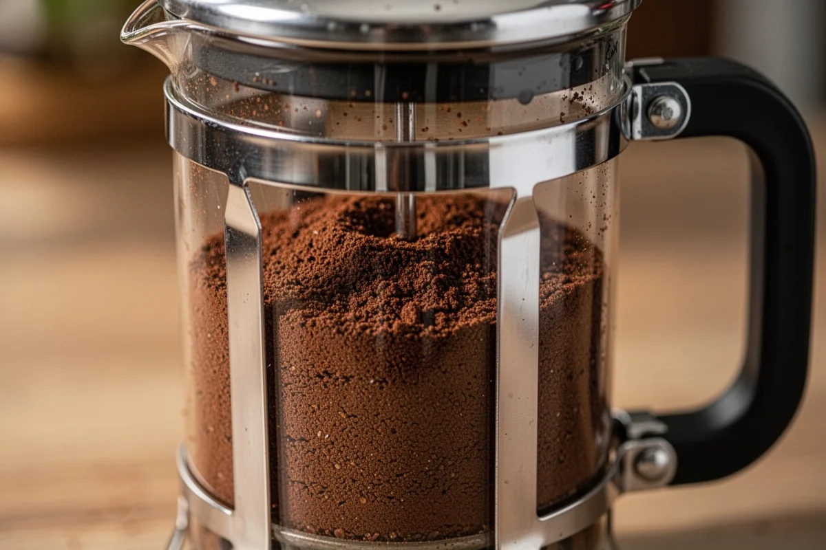 coarse ground coffee in French press before brewing correct grind size close up