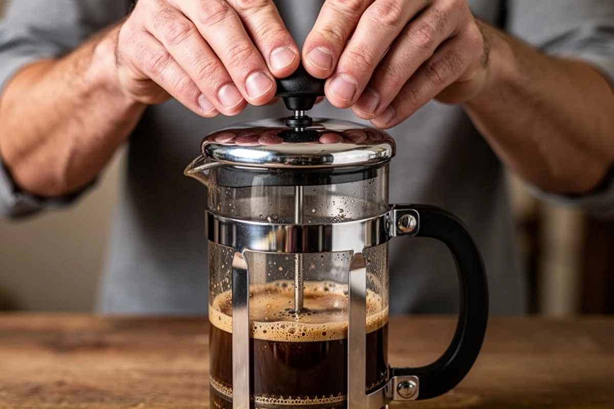 French press plunger being pressed slowly hands on top coffee ready