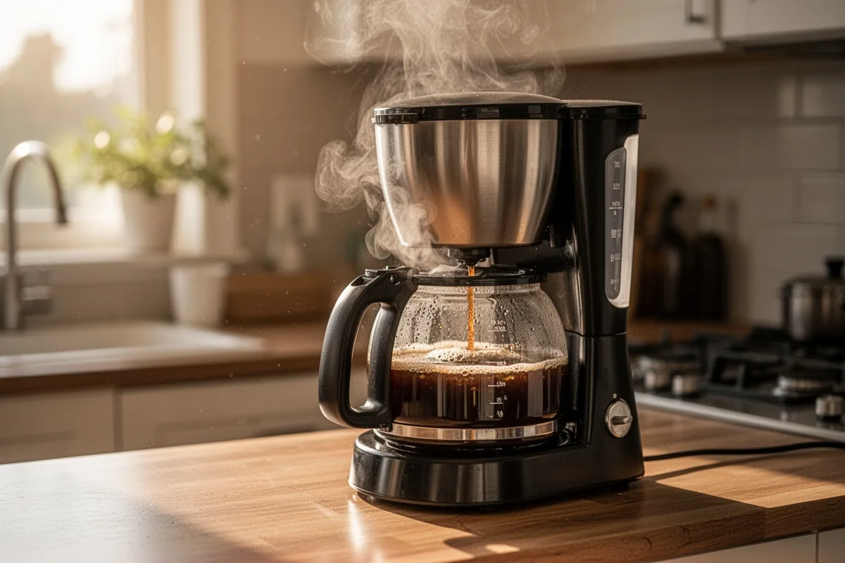 drip coffee maker on kitchen counter brewing coffee steam rising morning light