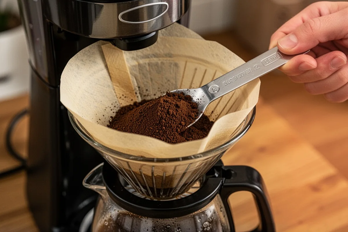 coffee filter paper in drip machine basket measuring coffee grounds home brewing