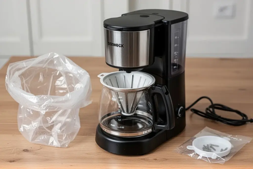 drip coffee machine first setup unpacking and installing filter basket