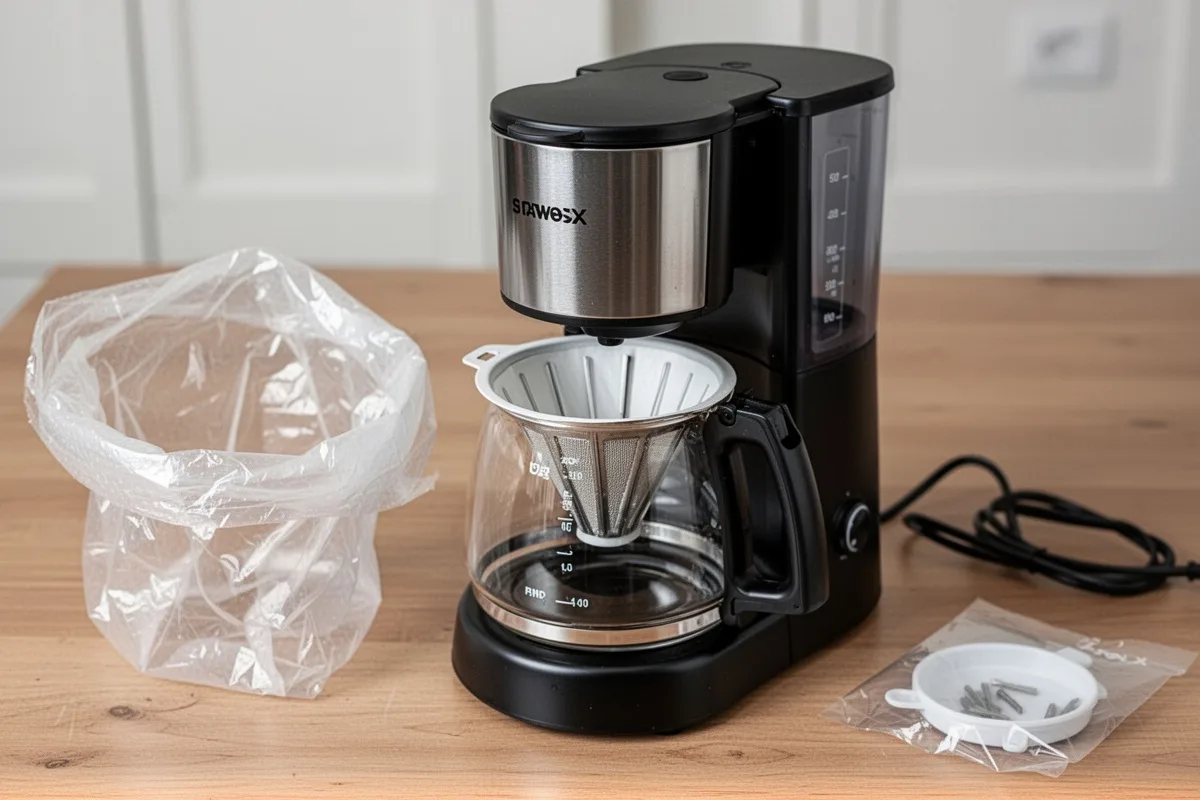 drip coffee machine first setup unpacking and installing filter basket