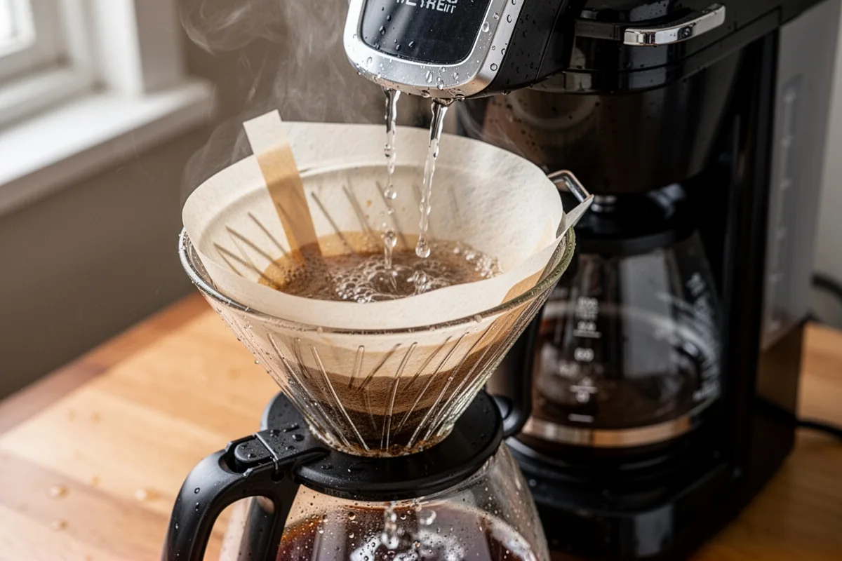 paper filter being rinsed before use drip coffee machine filter preparation