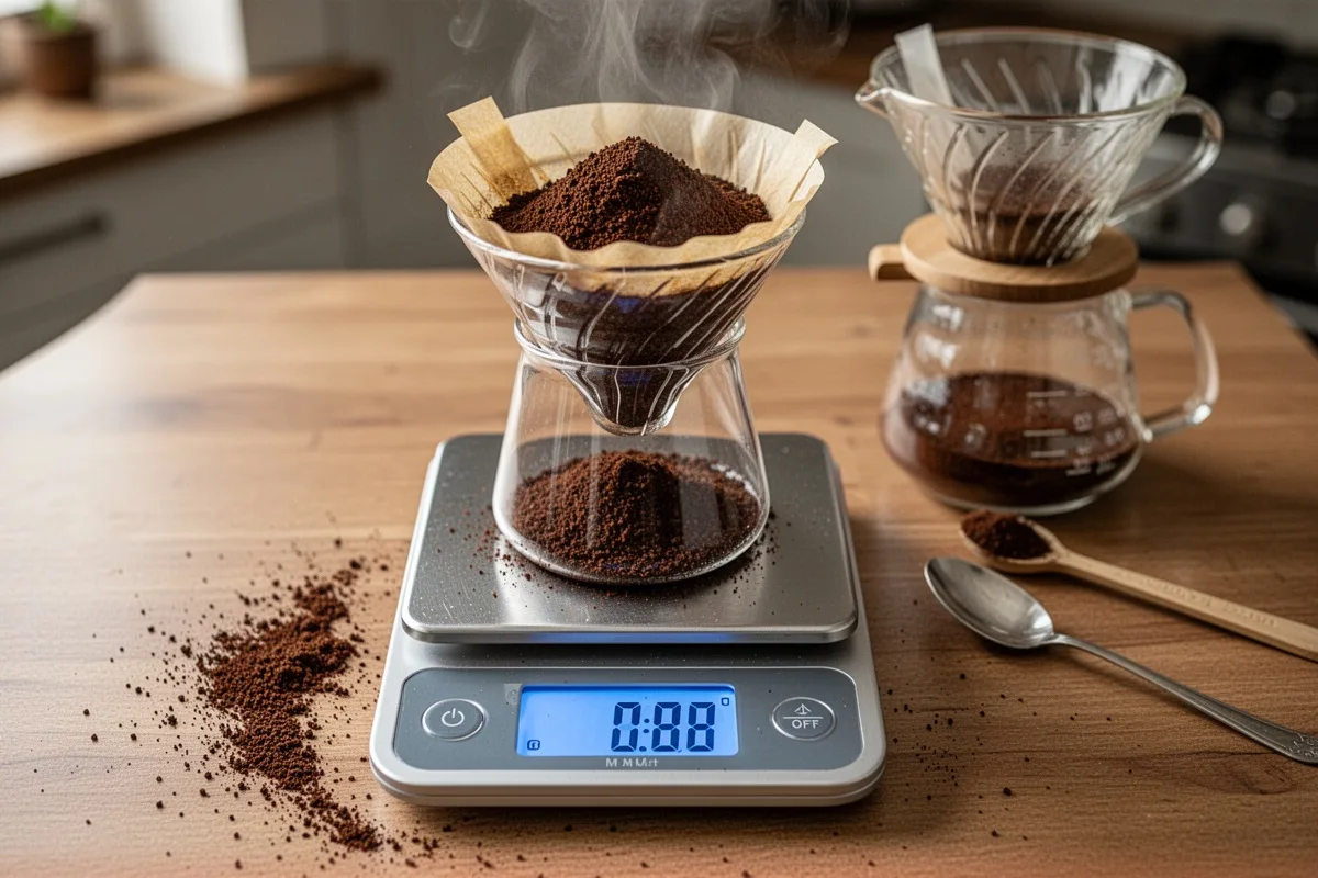 kitchen scale weighing coffee grounds precisely digital scale pour over setup