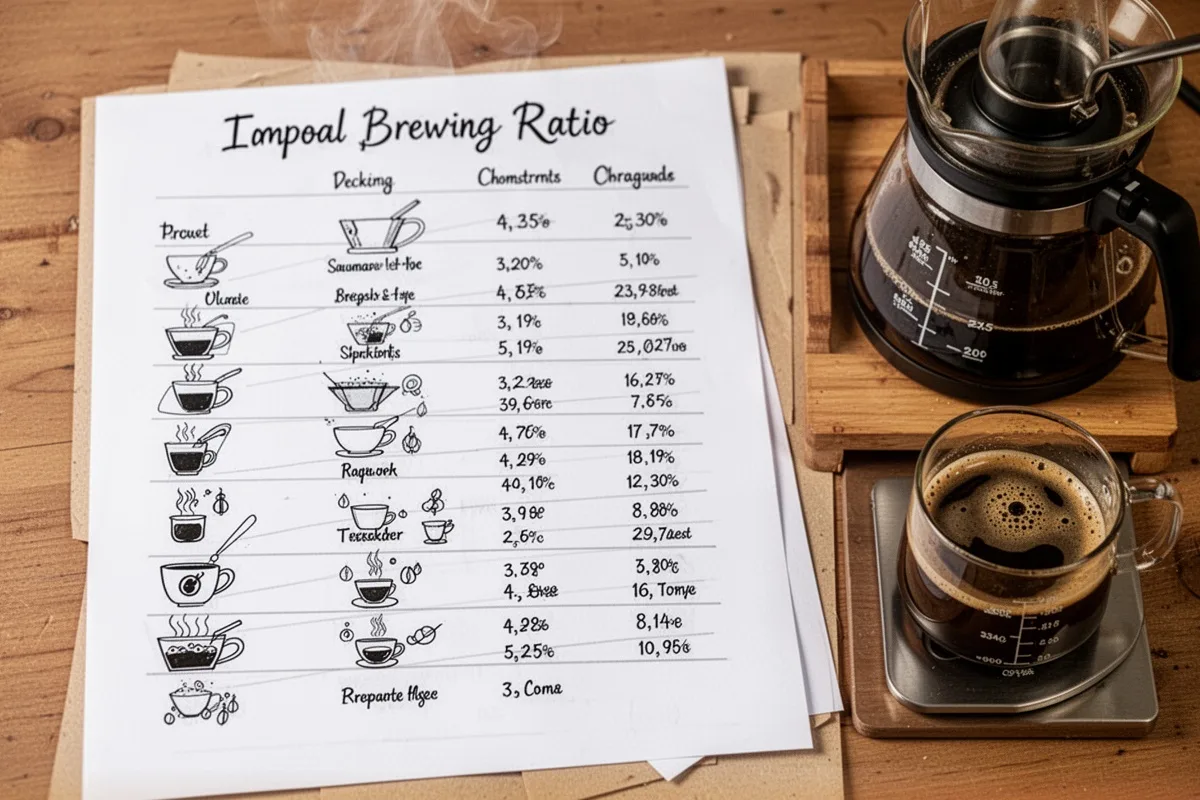 coffee brewing ratio chart on paper next to coffee setup measurement guide