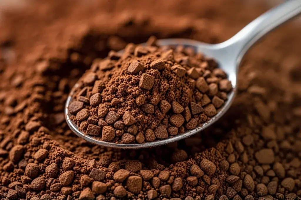 instant coffee granules in spoon close up texture dark roast granules