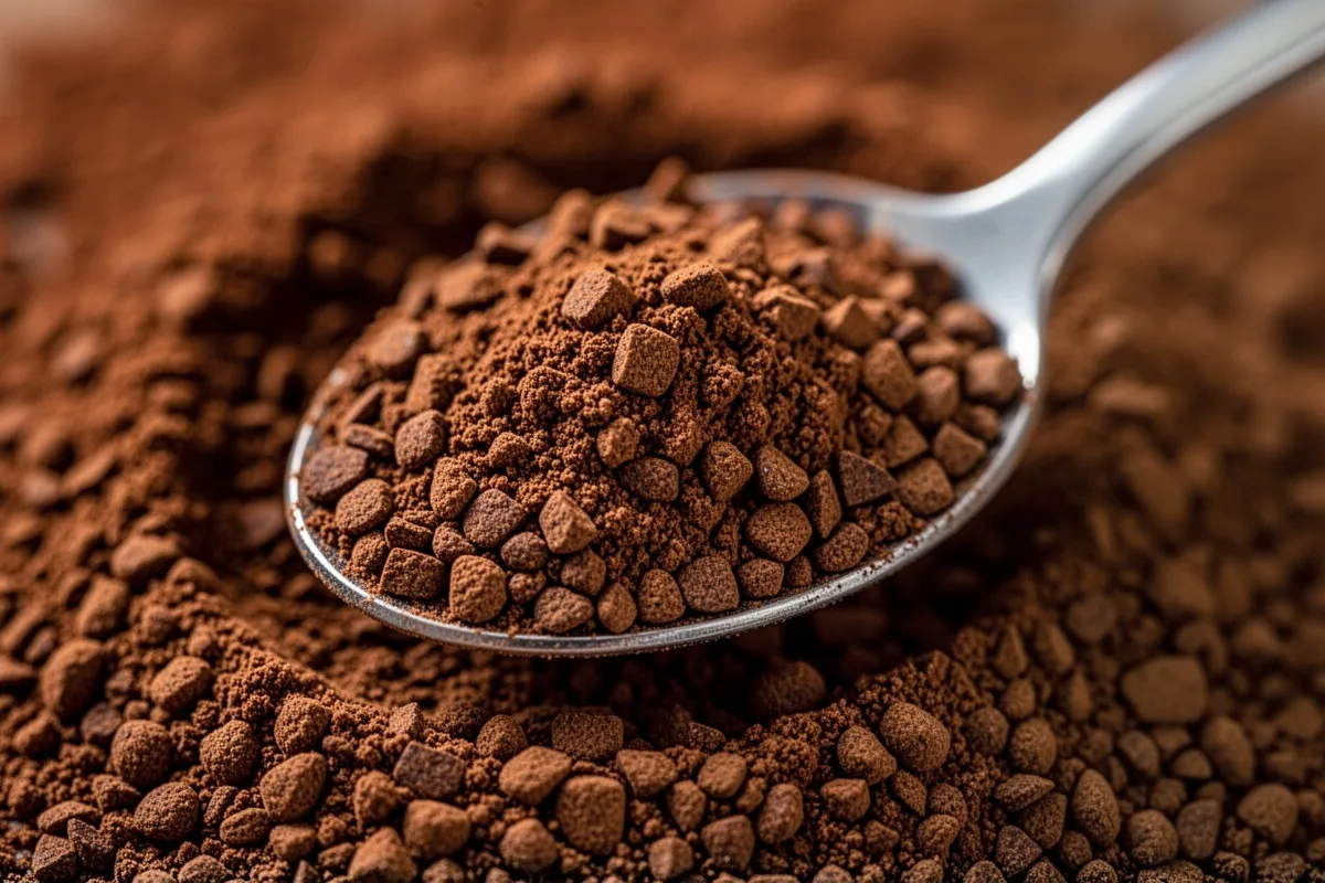 instant coffee granules in spoon close up texture dark roast granules