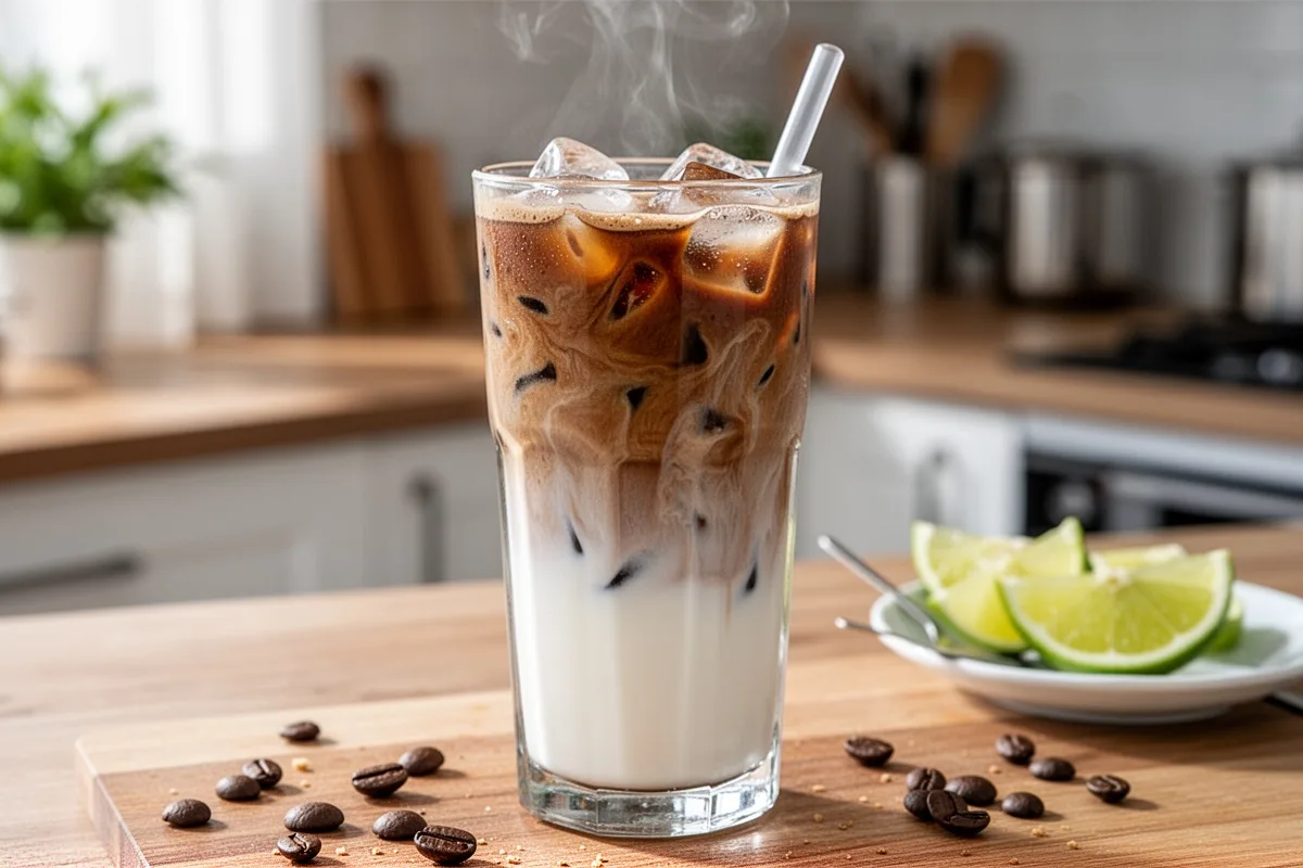 iced instant coffee in tall glass with milk summer drink kitchen background