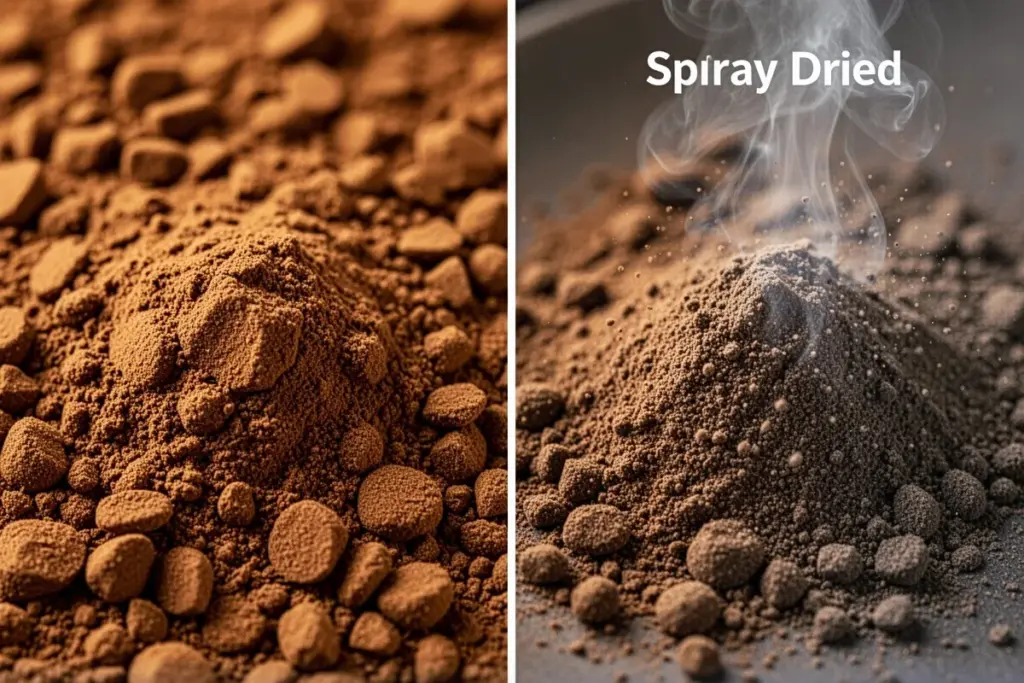 instant coffee granules close up freeze dried vs spray dried comparison