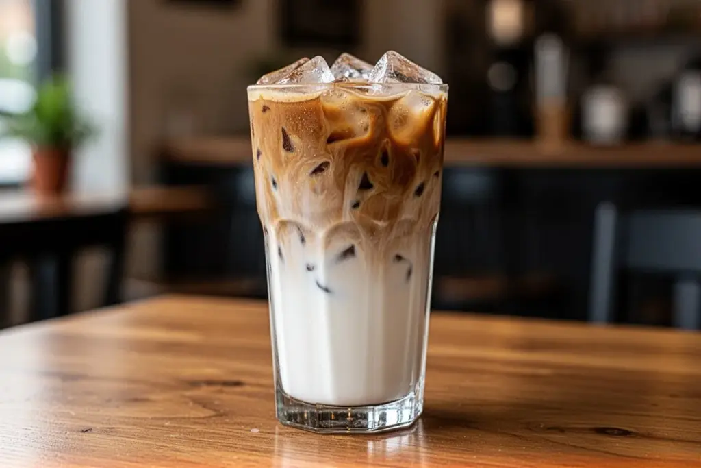 ice latte in tall clear glass layered espresso and milk with ice cafe aesthetic
