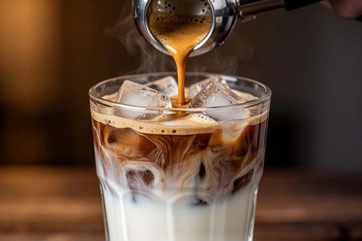 espresso shot being poured over ice and milk layered coffee drink slow motion