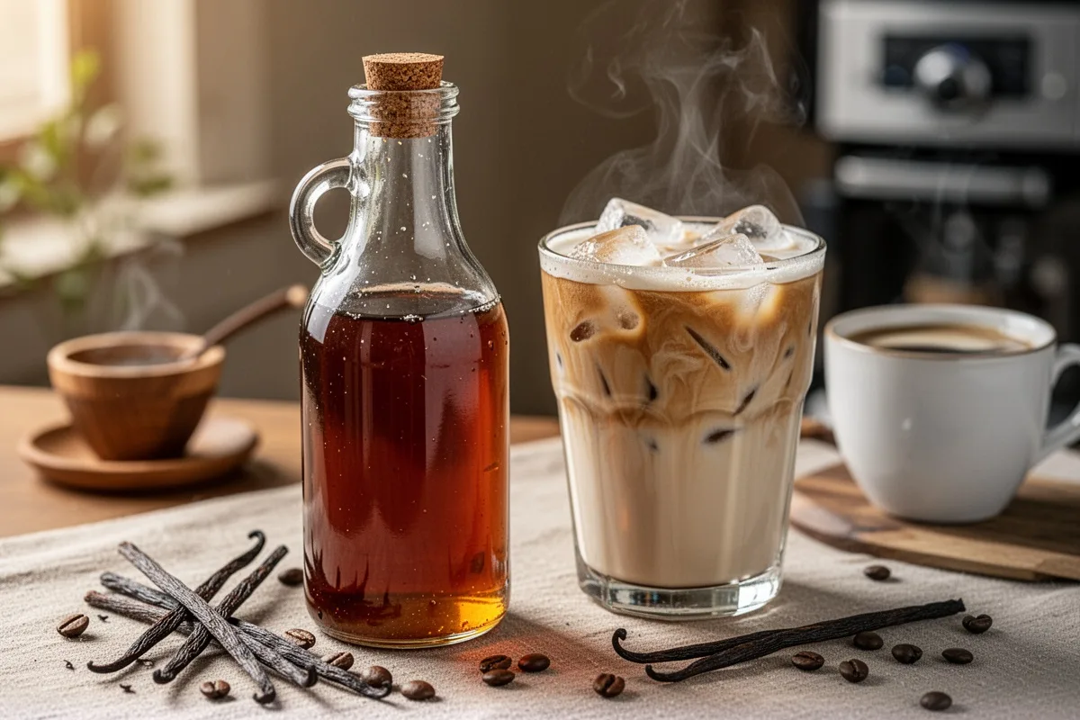homemade vanilla syrup in bottle next to iced latte coffee shop at home setup