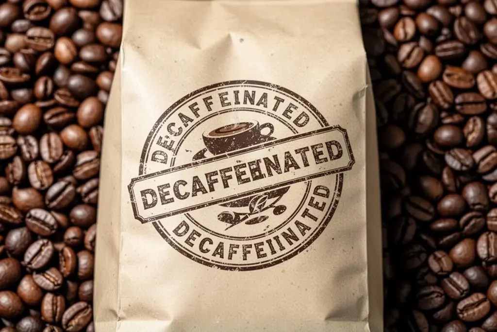 decaf coffee label close up coffee bag with decaffeinated stamp beans background