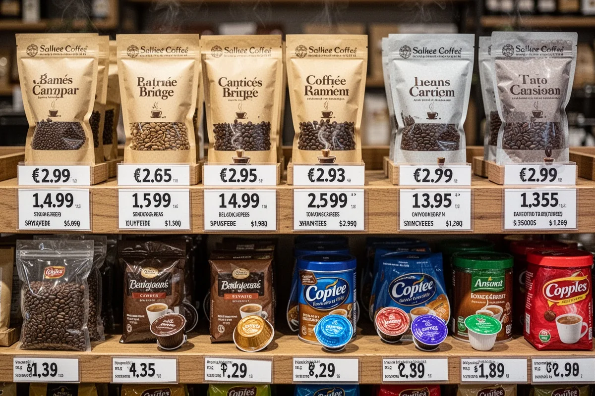 coffee price comparison various types beans capsules instant market display
