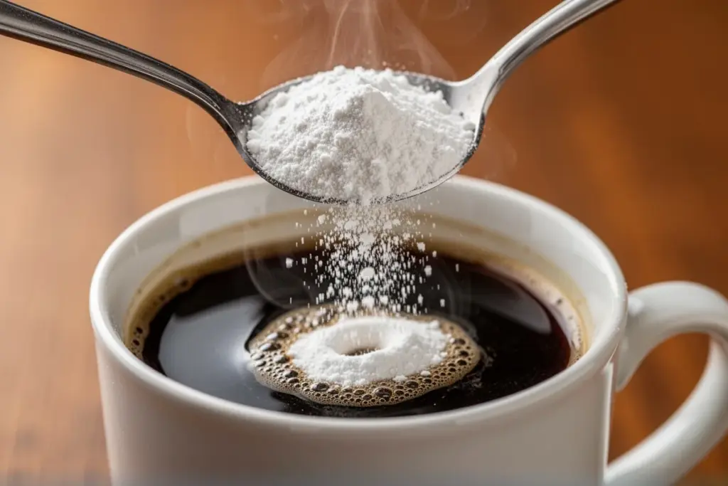 coffee creamer powder in spoon white creamer falling into black coffee