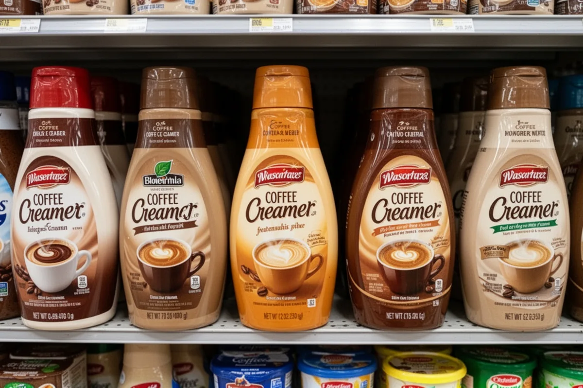 various coffee creamer brands on store shelf product comparison