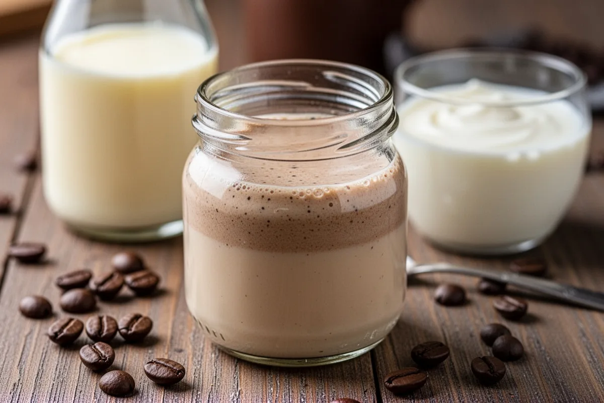 homemade coffee creamer in small jar condensed milk and cream mixture