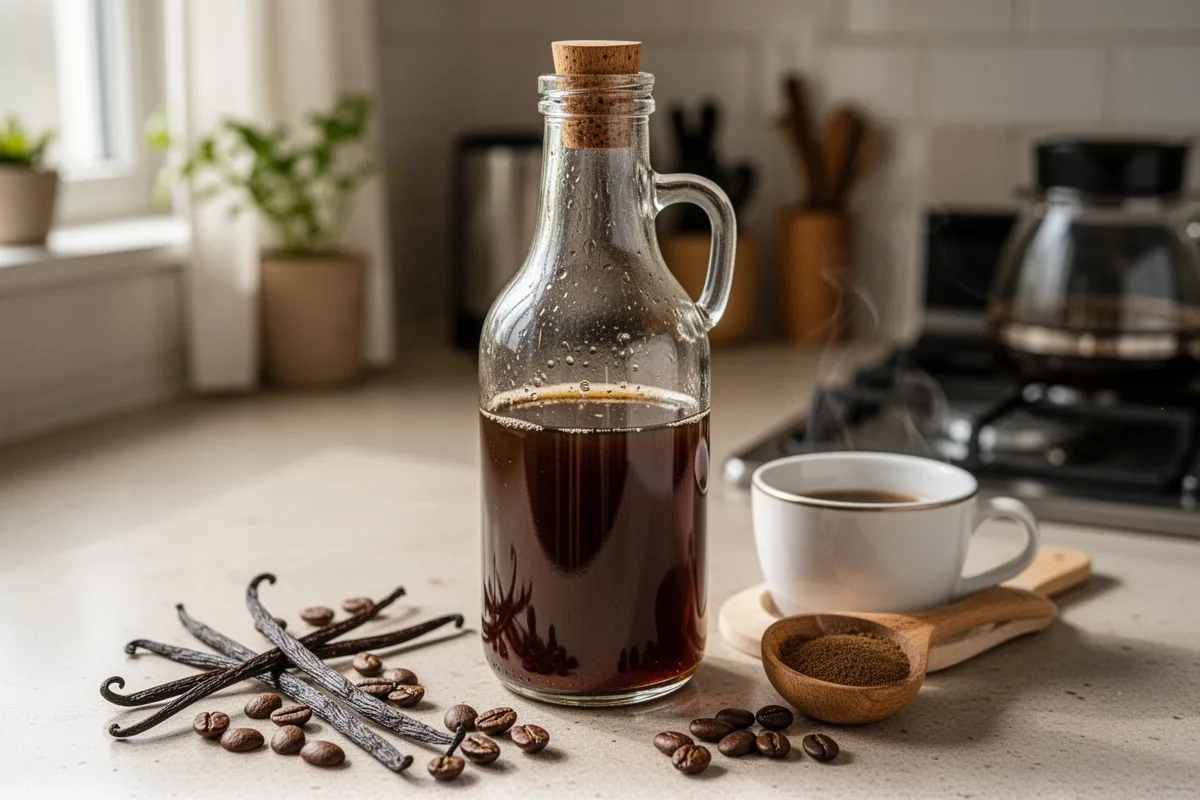 homemade vanilla coffee syrup in glass bottle kitchen counter setup