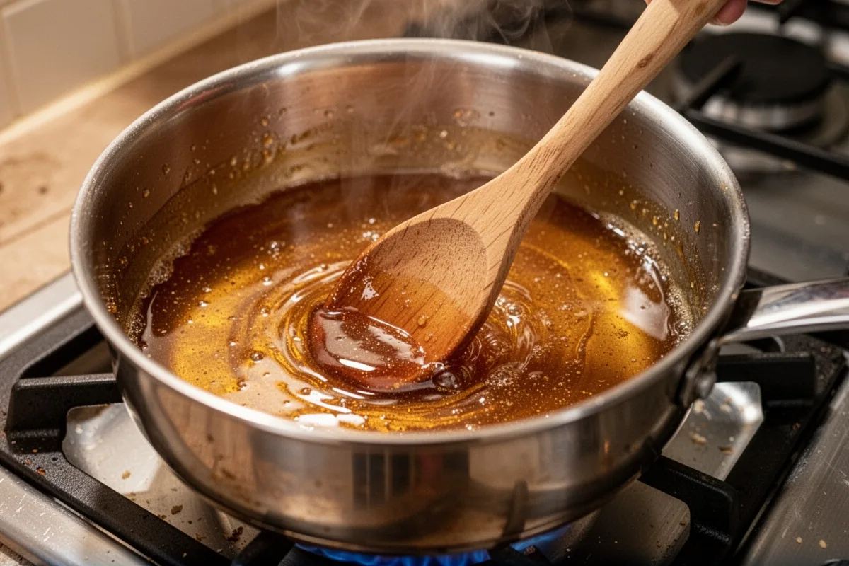 making caramel syrup in saucepan golden caramel stage cooking process