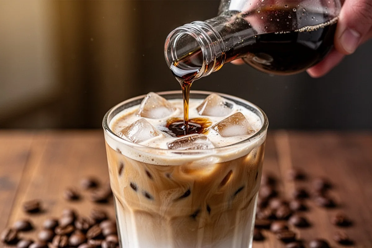 coffee syrup being added to iced latte flavored coffee drink preparation