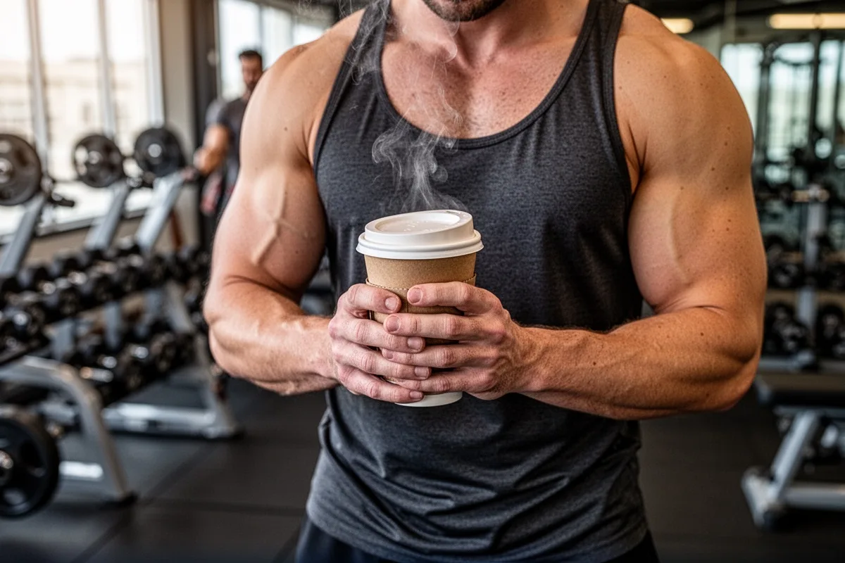 person exercising with coffee cup before workout pre-workout coffee gym background