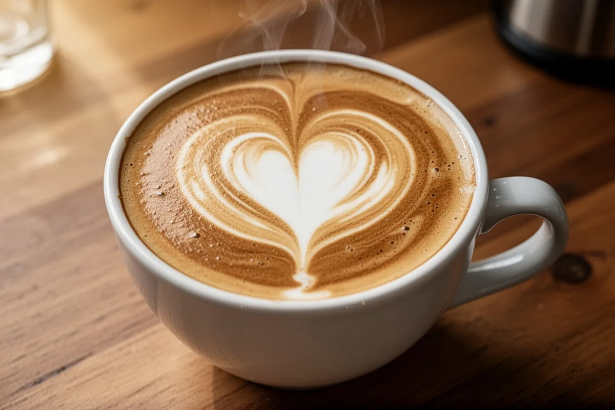 latte art heart design in coffee cup home barista beginner attempt