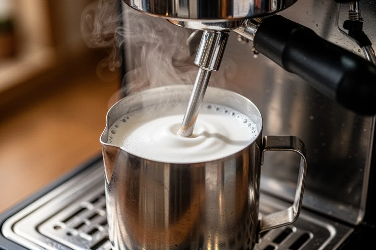 milk steaming technique steam wand in milk pitcher silky microfoam