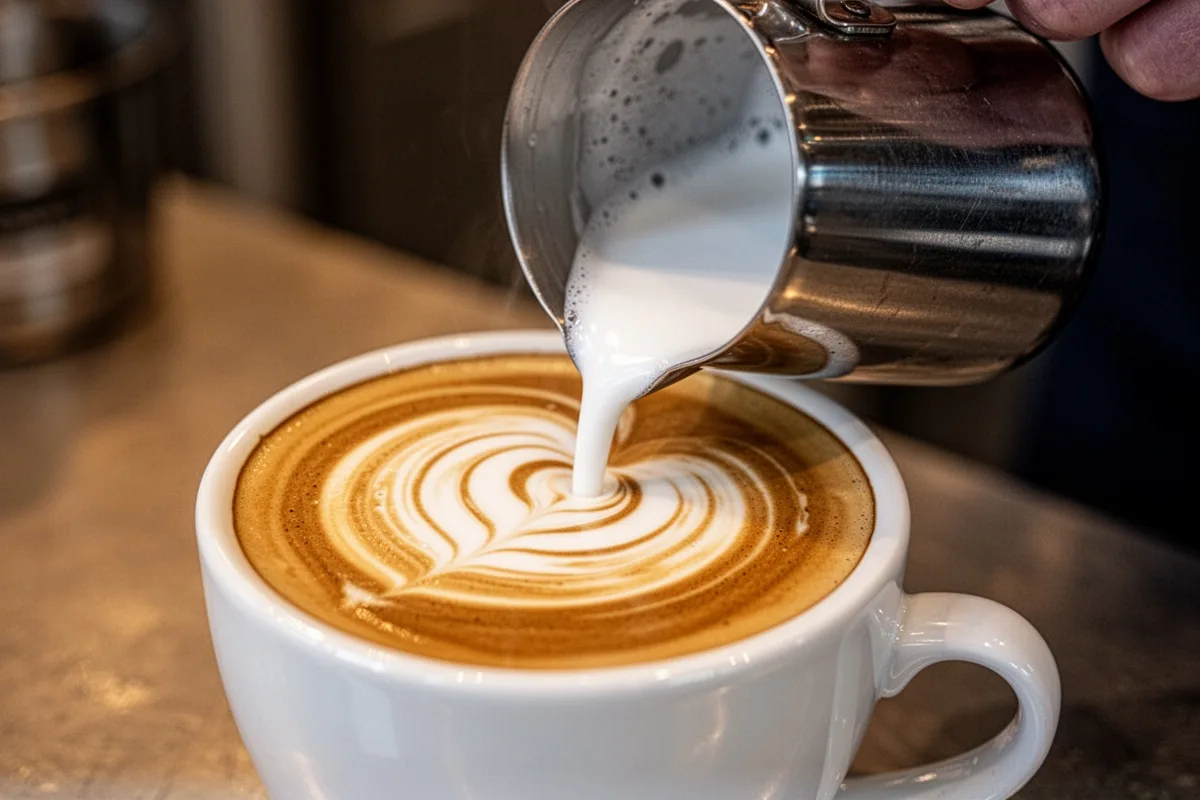 latte art pour technique milk pitcher pouring into espresso angle view